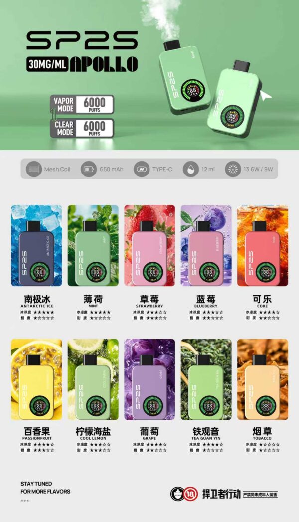 SP2S Apollo 12000口拋棄式電子煙｜ 有煙/無煙雙模式可調 新品上市